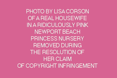 Placeholder image of a Lisa Corson photo of a mom who got a blowout and put on a cocktail dress to appear in Corson's photoshoot about princess fantasy nurseries, in a Newport Beach princess fantasy nursery, said placeholder which will remain until Corson's copyright claims over fair use of this image are resolved.